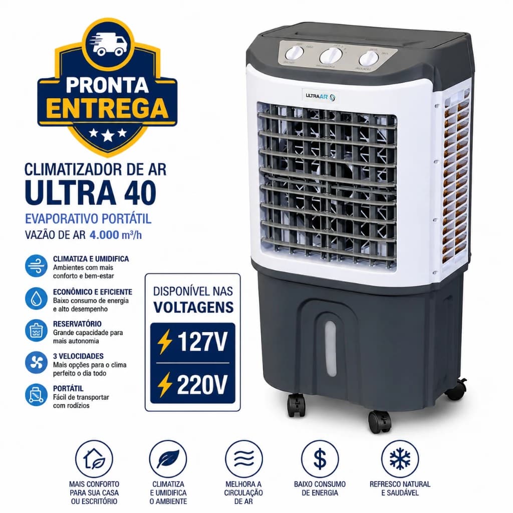 CLIMATIZADOR DE AR 040LT ULTRAAR 110V150W VAZĂO-4.000M3/H ATÉ 20M2 UMIDIFICADOR PORTÁTIL ULTRA40 FBOCP-0003