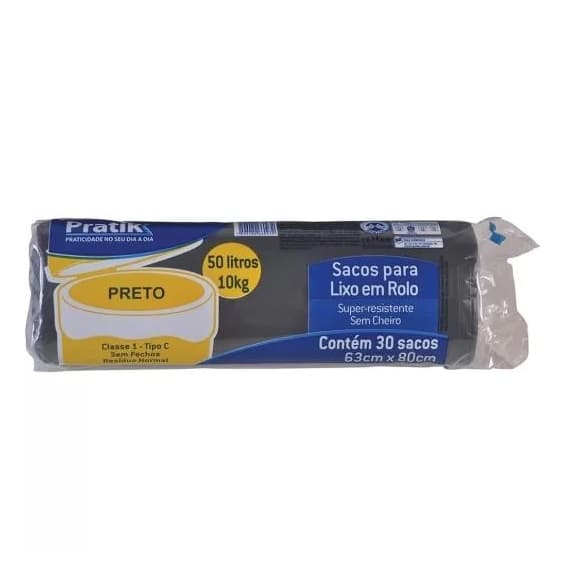 SACO PLÁSTICO P/LIXO ROLO 50 LITROS COR PRETA - PACOTE C/30 UNIDADES - foto 1 de 1