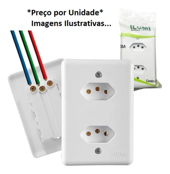 CONJUNTO TOMADA ELéTRICA DUPLA 2P+T 20A COM TRAVA PINO DE 10 AMPERES - COR BRANCA - ILUMI STYLUS MONOBLOCO REF.201210 - FáCIL INSTALAçăO - foto 1 de 2