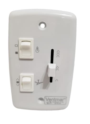 CHAVE P/VENTILADOR DE TETO CONTROLE DE VELOCIDADE DESLIZANTE BIVOLTS - 1 TECLA REVERSĂO + 1 TECLA LUZ 1 LÂMPADA - ESPELHO 4X2 COR BRANCA