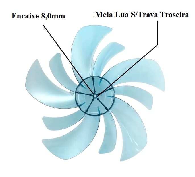 HELICE DE 40CM P/VENTILADOR BRITANIA 10PAS COR AZUL - SUPER VENTUS10 BVT495 - PHILCO PVC491/PVC492 - EIXO F08,0MM PONTA MEIA LUA SEM TRAVA TRASEIRA - foto 1 de 2