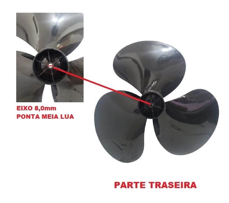 HELICE DE 40CM P/VENTILADOR QUALITAS 40CM 3PAS COR PRETA - ENCAIXE 08,0MM PONTA MEIA LUA FIXADA C/PRESSAO E TRAVA TRASEIRA - foto 1 de 2