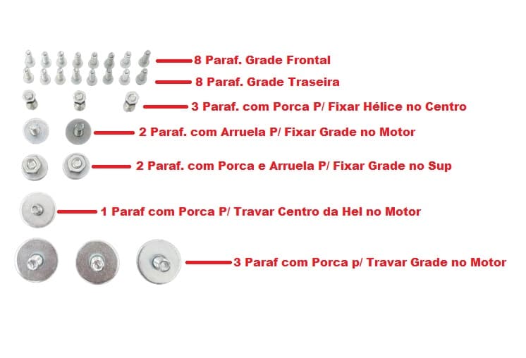 PARAFUSO FIXAR REFORÇO DA GRADE X MOTOR VENTILADOR 100CM VENTISOL 1-METRO VFP100CM - KIT C/04 PARAFUSO/PORCA/ARRUELAS - foto 1 de 2