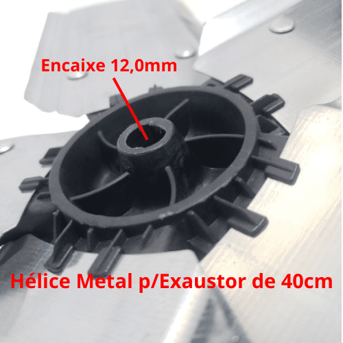 Helice de 40cm p/Exaustor Ventisol 5Pas METAL F12,0mm Ponta Meia Lua c/Cubo Flange Central Inj.Plastico Preto - Fixar c/trava n/Ponta do Eixo - foto 1 de 3